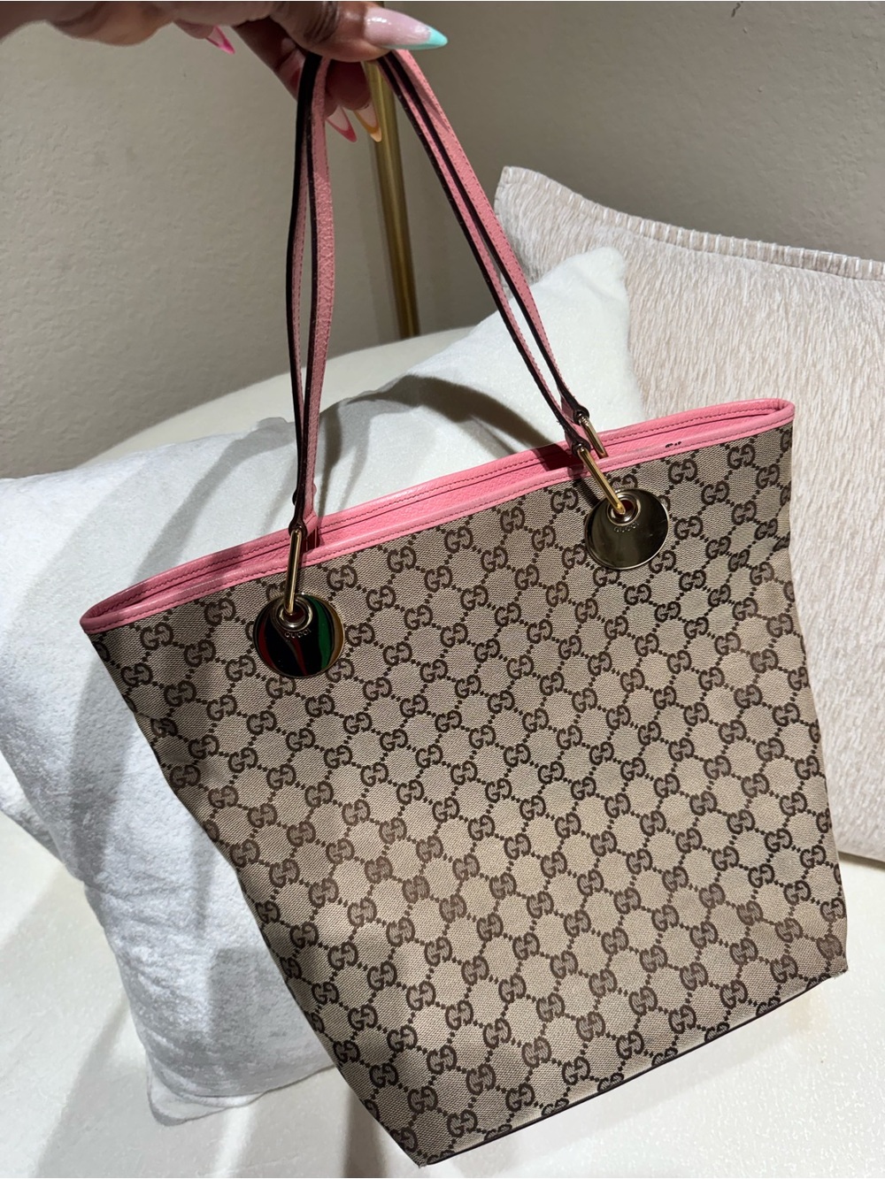 Authentic Gucci Beige GG Supreme Canvas Tote with Pink Trim